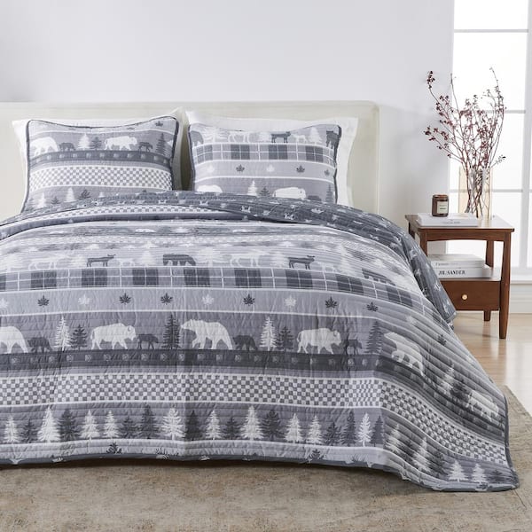 FRESHFOLDS Grey Reversible Lodge Landscape Printed 2 Piece Microfiber Polyester Quilt Set, Twin / Twin XL