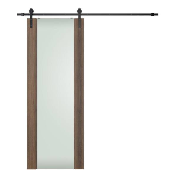 Belldinni Vona 202 30 in.x96 in.FullLite Frosted Glass Pecan Nutwood Finished Composite Core Wood SlidingBarnDoor with HardwareKit