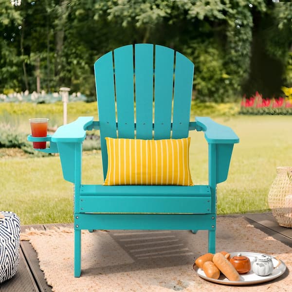 Blue green Folding Composite Outdoor Patio Adirondack Chair with Cup Holder for Garden Backyard Fire pit Pool Beach