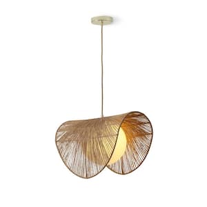 Sovev 13 in. 1-Light Polished Brass Bohemian Dimmable Globe Pendant-Light with Frosted Glass and Rattan Shade
