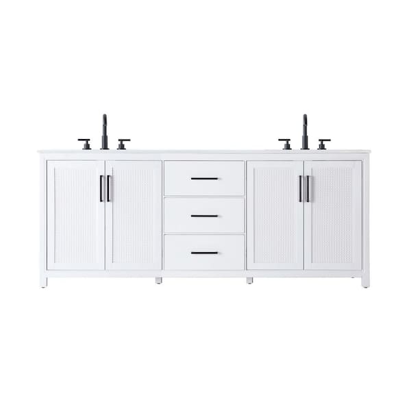 84 in. Double Sink White Bath Vanity with White Engineered Marble Top