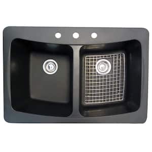 Dual Mount Granite 33 in. 3-Hole Double Bowl Kitchen Sink with Drains and Bottom Grid in Black
