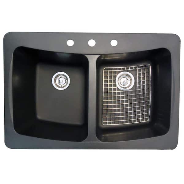 Glacier Bay Dual Mount Granite 33 in. 3-Hole Double Bowl Kitchen Sink with Drains and Bottom Grid in Black