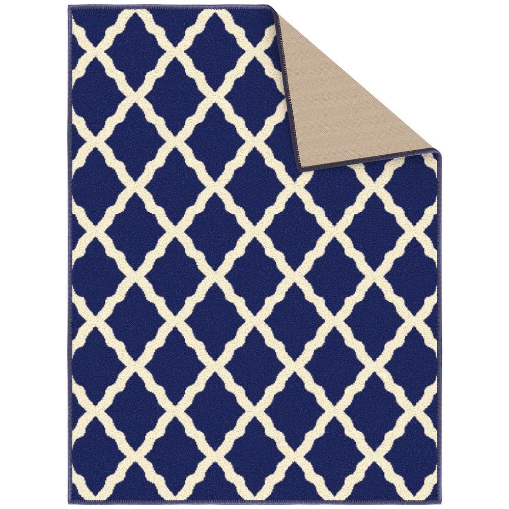 Navy and Ivory Synthetic Trellis Non-Slip Area Rug, 2'3" x 3'