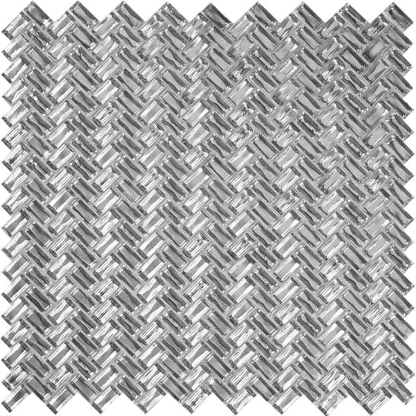 Apollo Tile Silver 4 in. x 5 in. Herringbone Polished Glass Mosaic Floor and Wall Tile Sample (0.13 sq. ft./Piece)