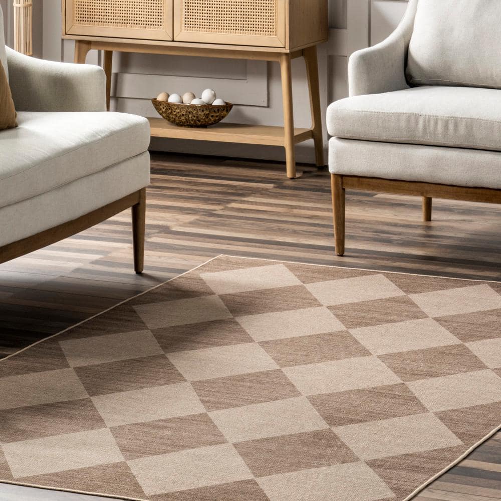 Abi Natural Brown 5' x 8' Machine Washable Geometric Area Rug
