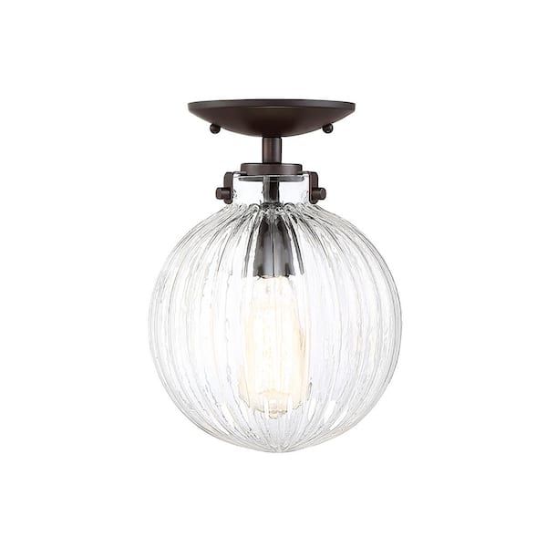 TUXEDO PARK LIGHTING 8 in. W x 11 in. H 1-Light Oil Rubbed Bronze Semi-Flush Mount with Clear Ribbed Glass Shade