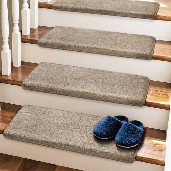 Cream Gray 9.5 in. x 30 in. x 1.2 in. Bullnose Plush Carpet Stair Tread Cover Tape Free Non-slip Set of 7
