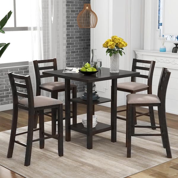 5-Piece Espresso Brown Wooden Counter Height Dining Set with Storage Shelve