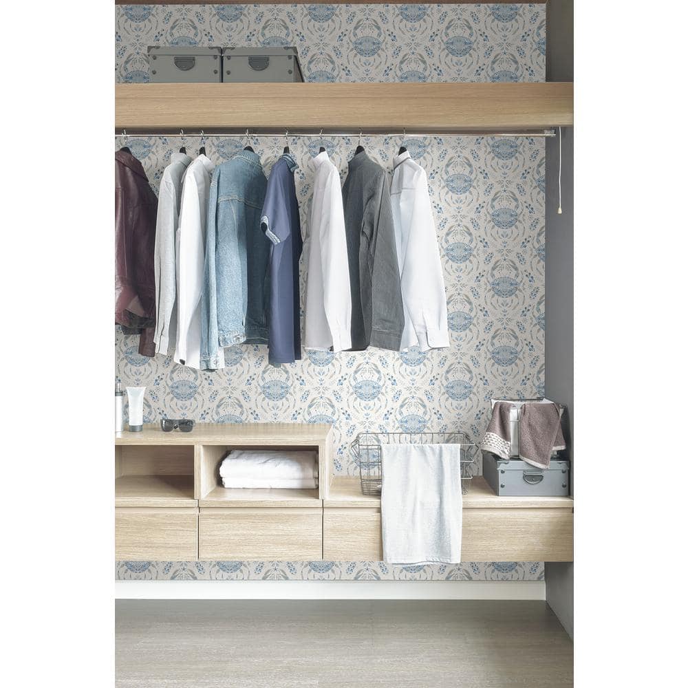 Blue and White Vinyl Damask Peel and Stick Wallpaper