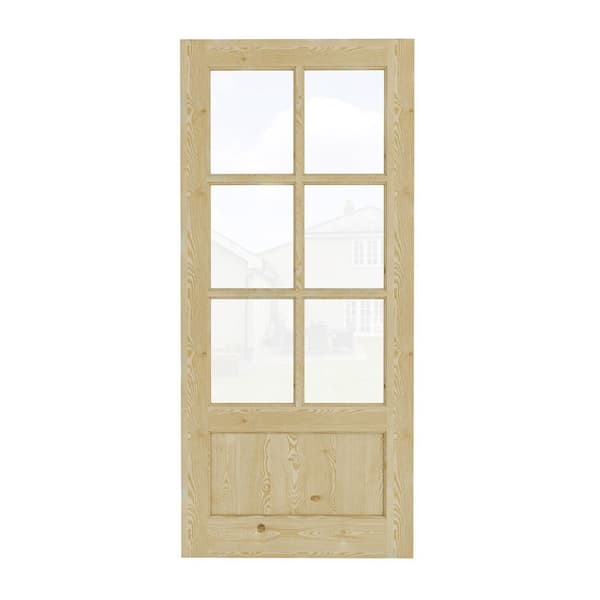 36 in. x 80 in. Modern Universal/Reversible 6-Lite Tempered Clear Glass Unfinished Pine Wood Front Door Slab