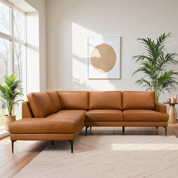 Alma 107.5 in. Square Arm 2-Piece Faux Leather Modern Elegant Sectional Sofa for Cozy Living Spaces in. Cognac