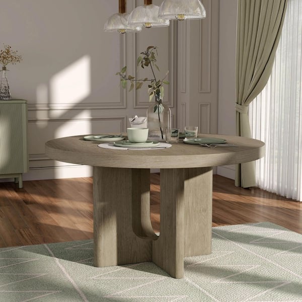 Hairin Modern White Oak Wood Top 54 in. Pedestal Round Dining Table (Seats 4)