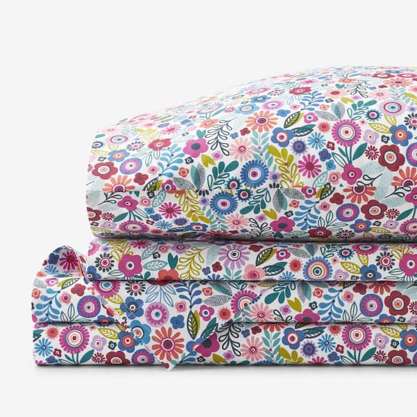 The Company Store Company Kids Joyful Mini Flower White Multi Organic Cotton Percale Queen Sheet Set