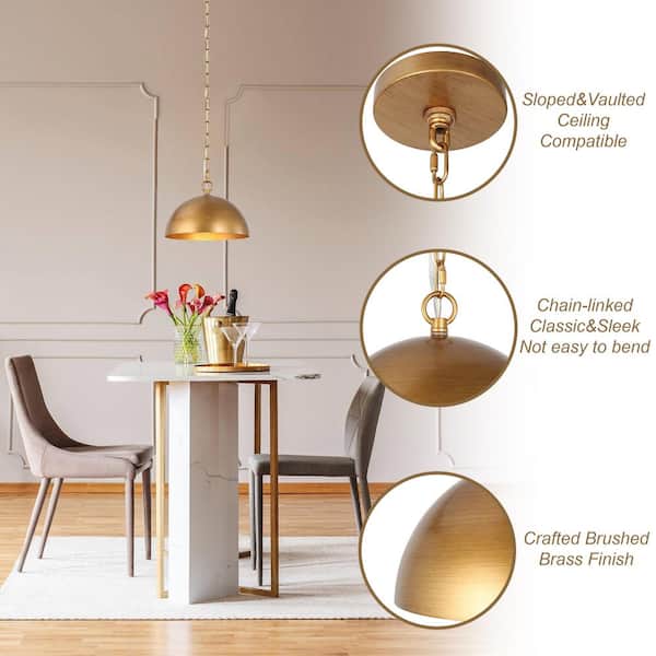 1-Light Brushed Antique Gold Dome Metal Pendant Light, 10 in. Farmhouse Kitchen Island Dining Room Pendant Light