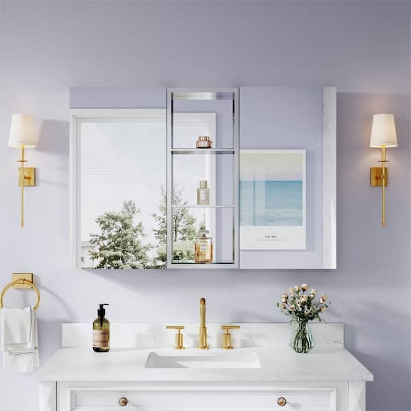 44 in. W x 30 in. H Rectangular Polished Aluminum Tri-view Soft Close Medicine Cabinet with Mirror Combo, Reversible