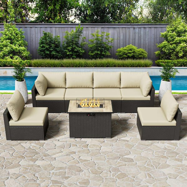 eVita Rattan Wicker 7-Piece Outdoor Patio Propane Fire Pit Furniture Set with Beige Cushions