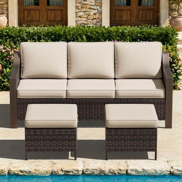 3-Piece Dark Brown Wicker Outdoor Couch with Gently Sloped Armrests, Ottomans and Beige Cushions