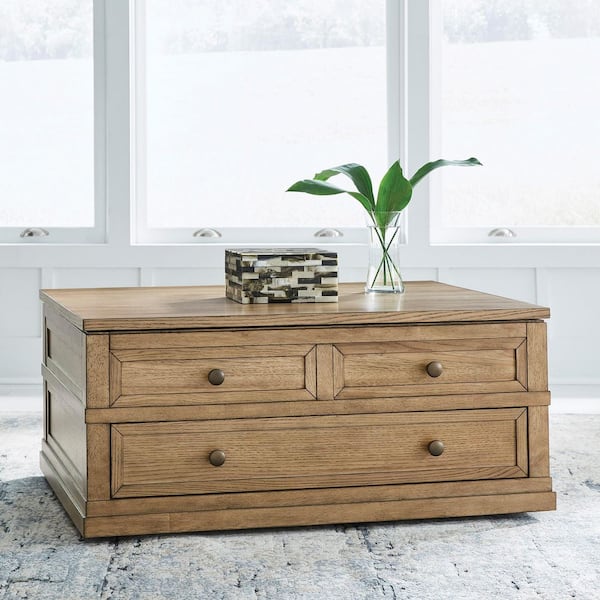 Sharlance 42.13 in. Light Brown Rectangle MDF Lift-Top Coffee Table with Drawers and Casters