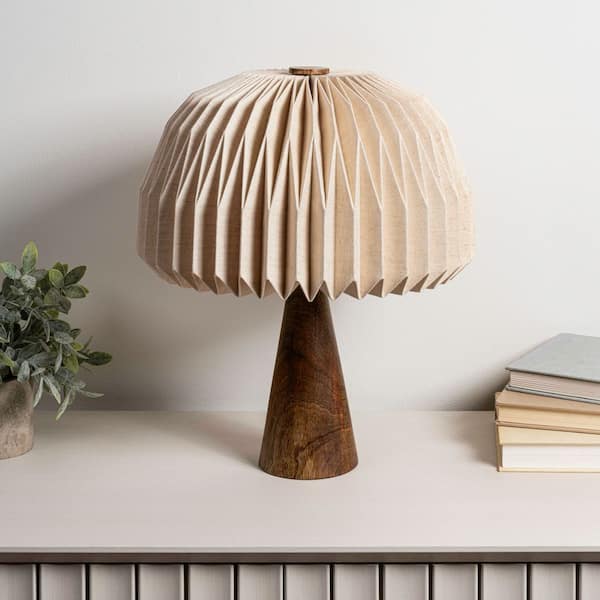 Sylvie 16 in. Modern Minimalist Paper Pleated Shade Mushroom Accent LED Table Lamp, Natural