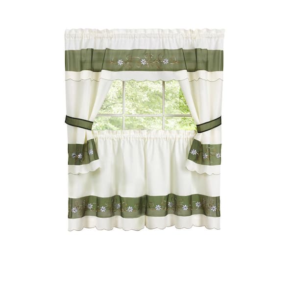 ACHIM Berkshire Green Polyester Light Filtering Rod Pocket Embellished Cottage Curtain Set 58 in. W x 24 in. L
