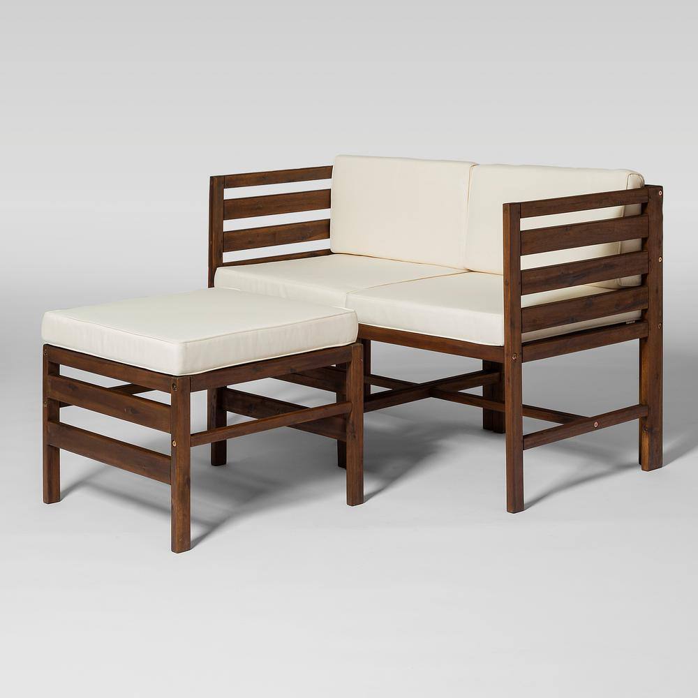 Dark Brown Acacia Wood Modular Left and Right Arm Outdoor Sectional Chairs and Ottoman with Cream Cushions