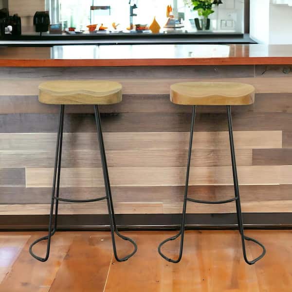 HomeRoots 31 in. Natural Backless Metal Bar Chair with Wood Seat Set of 2