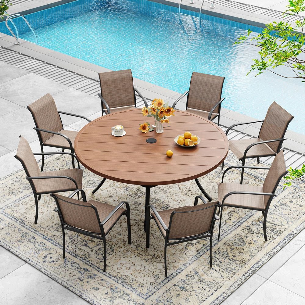 9-Piece Patio Dining Set with 53.1 in. Walnut Metal Round Table and 8-Brown Stackable Chairs for Backyard, Garden price history on PriceWatchPro