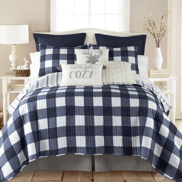 Levtex Home Camden Navy 3Piece Plaid Cotton King / Cal King Quilt Set