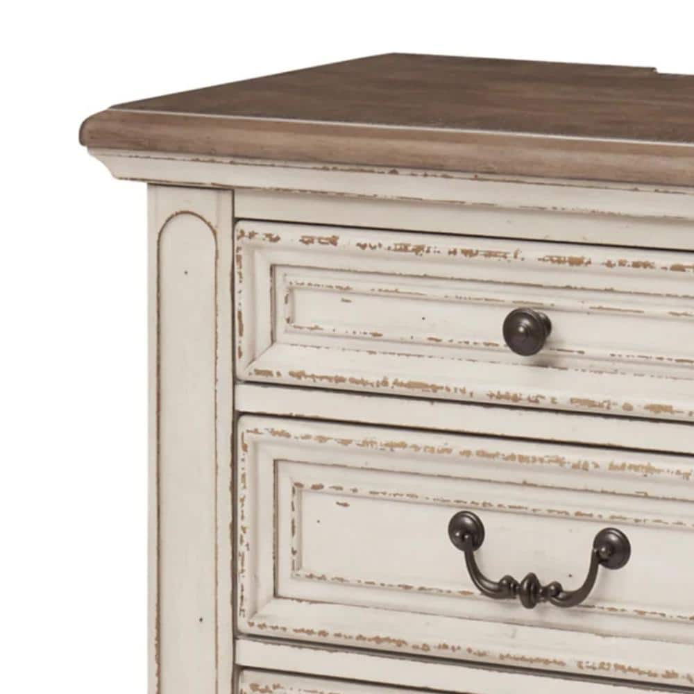 White and Brown Solid Wood 3-Drawer Nightstand with Black Handles