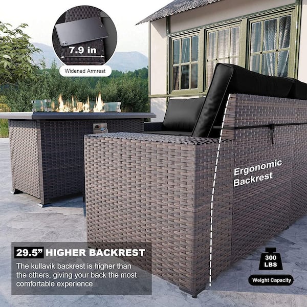 13-Piece Wicker Patio Conversation Set with 55000 BTU Gas Fire Pit Table and Glass Coffee Table and Grey Cushions