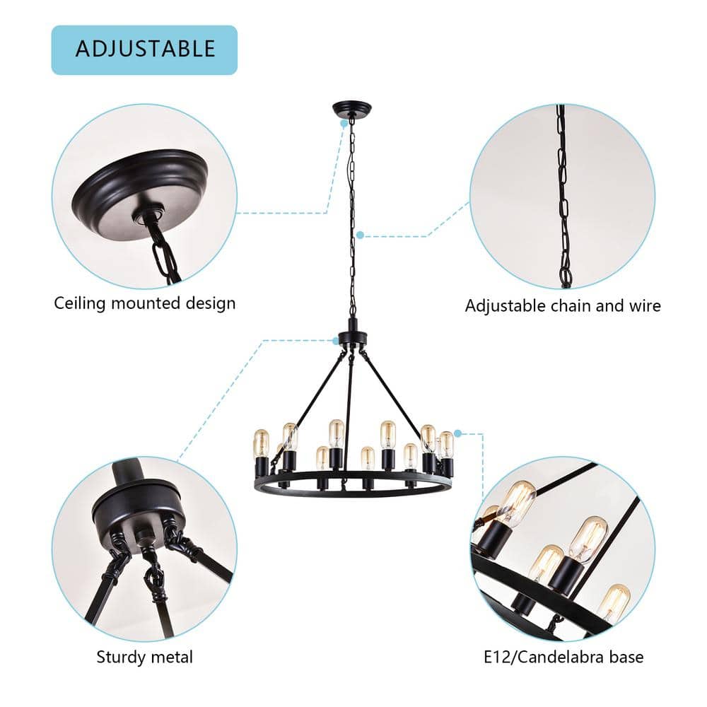 Black Metal 12-Light Wagon Wheel Chandelier with Candle Bulbs