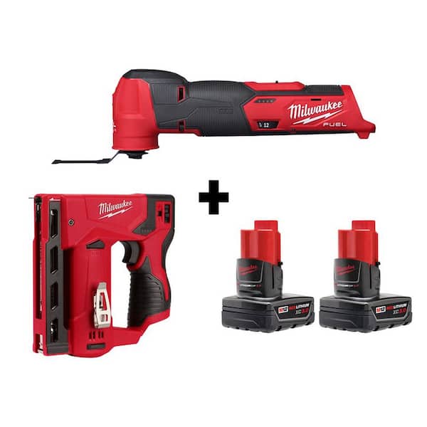 Milwaukee M12 FUEL 12V Lithium-Ion Cordless Oscillating Multi-Tool and Crown Stapler with Two 3.0 Ah Batteries