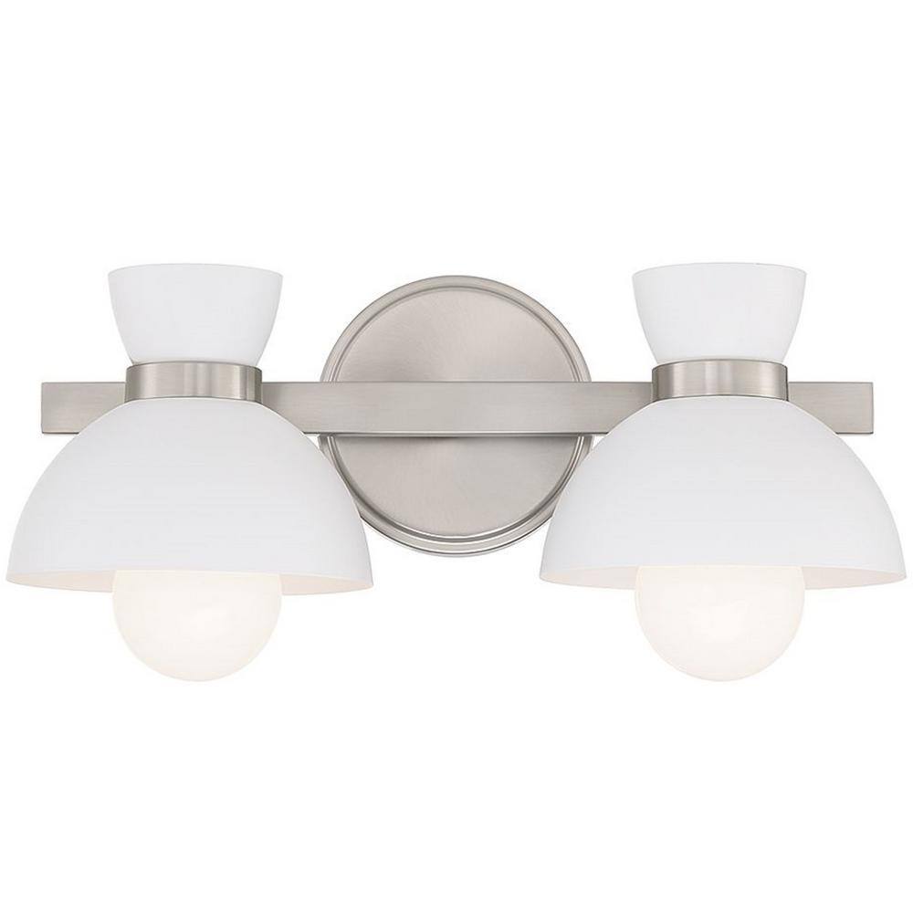 Brushed Nickel 2-Light Bathroom Vanity Light with White Metal Shades