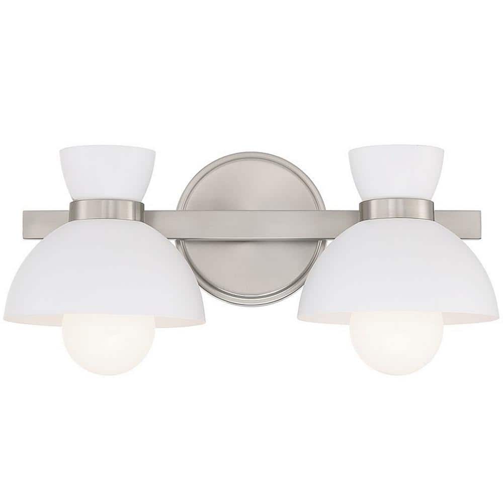 Brushed Nickel 2-Light Vanity with White Metal Shades
