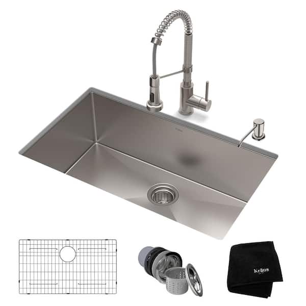 KRAUS Standart PRO 30 in. Undermount Single Bowl 16 Gauge Stainless Steel Kitchen Sink Faucet in Stainless Steel