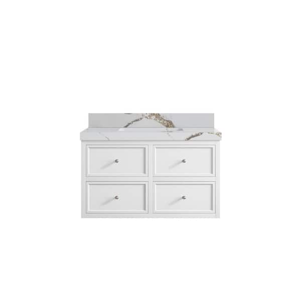 Willow Collections Roswell Floating 36 in. Single Sink Freestanding White Bath Vanity with Calacatta Gold Qt. Top Unassembled