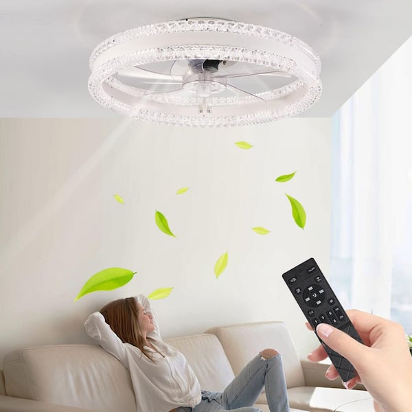 20 in. W Indoor White Ceiling Fan with Light and Remote Control and Light-LED Crystal Flush Mount Fan Lamp