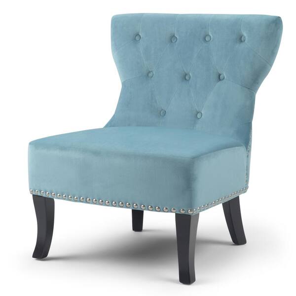 Simpli Home Kitchener 28 in. Wide Traditional Accent Chair in Mediterranean Blue Velvet