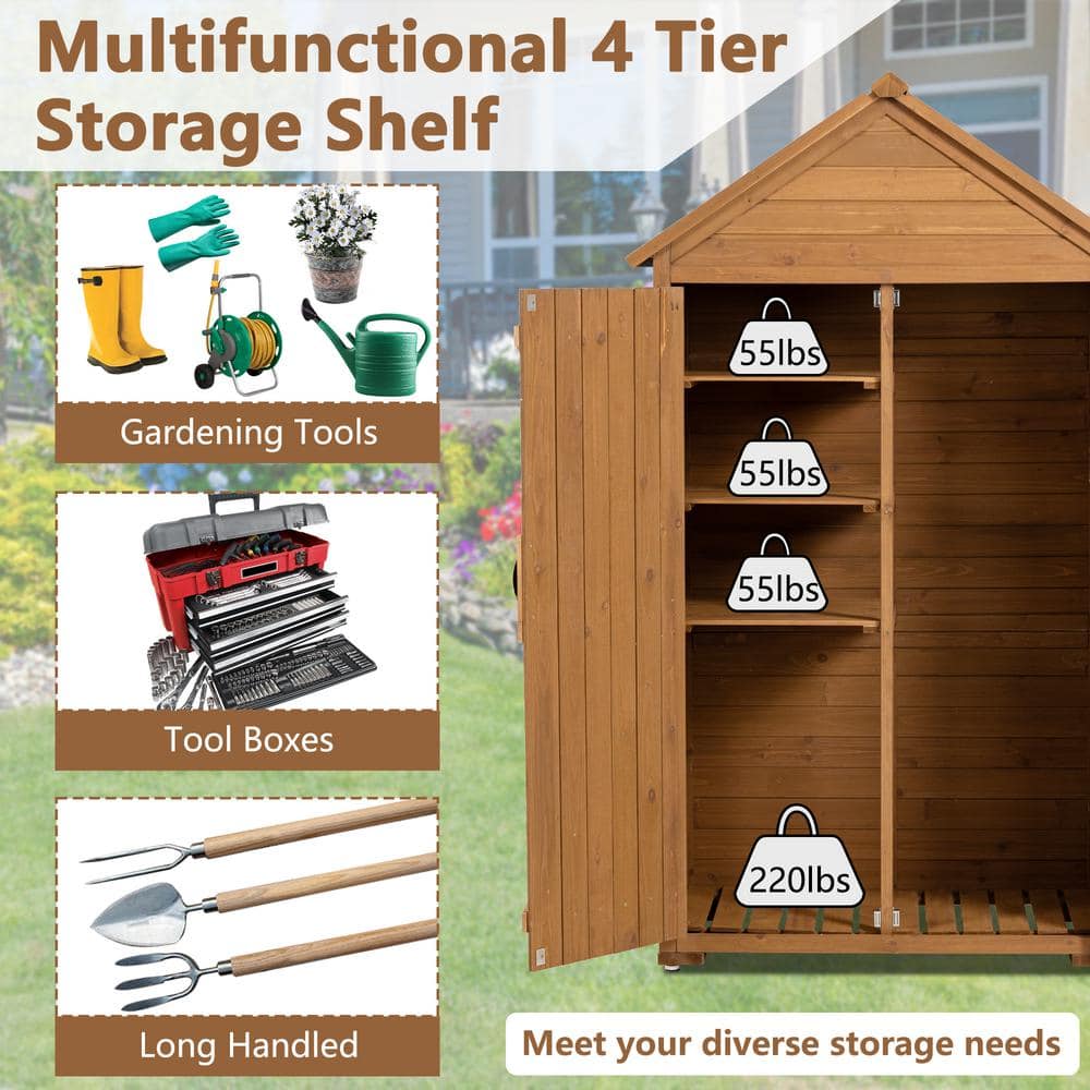 Brown Cedar Wood Outdoor Storage Shed with Shelves