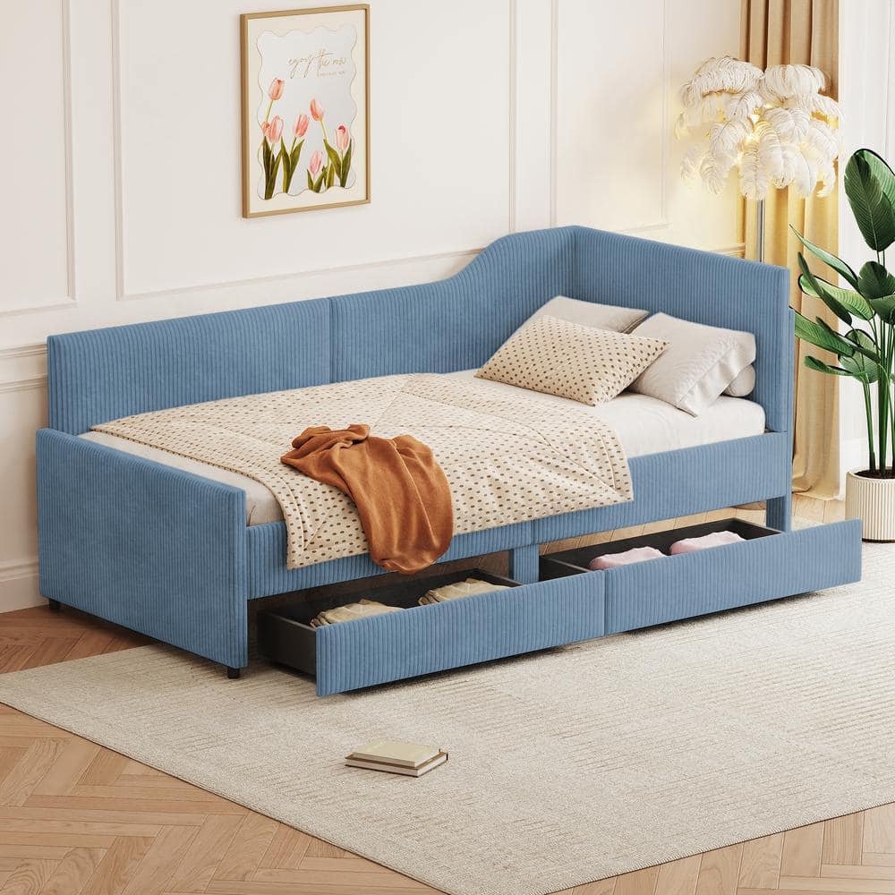 Blue Twin Size Corduroy Upholstered Daybed with 2-Drawers and L-Shaped Backrest -  Harper & Bright Designs, LHC132AAC