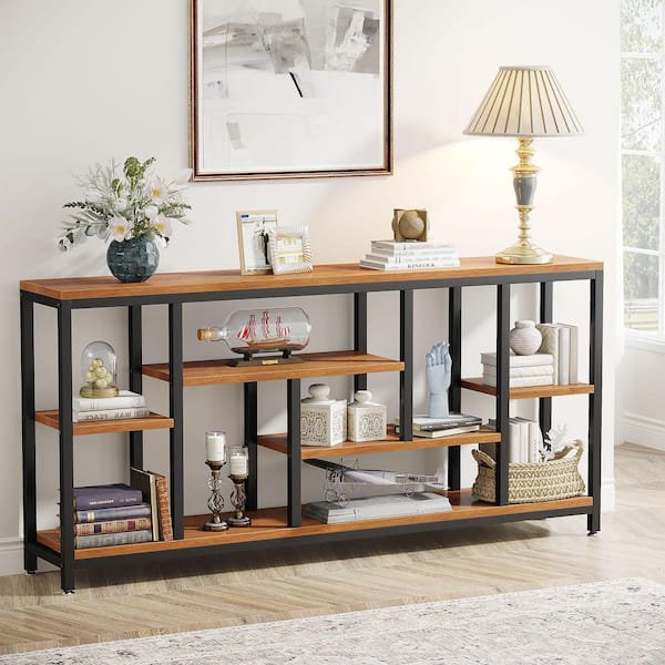 BYBLIGHT Turrella 70.9 in. Wood Color Rectangle Wood Console, Sofa Extra Long Behind Couch Table with 3 Shelf