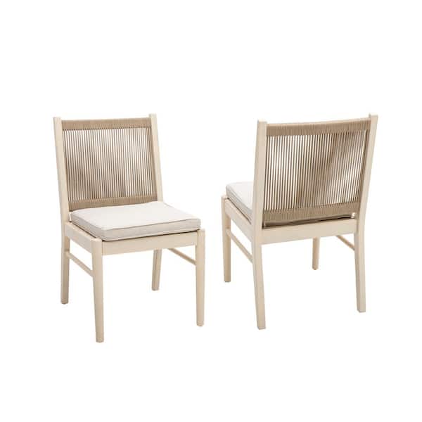 Noble House Outdoor Patio Bleach Acacia Wood Dining Chairs (Set of 2), Beige Cushion Plus Yellow Rope