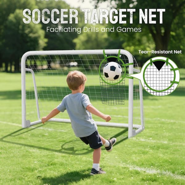 6 x 4 ft. Soccer Goals for Backyard Metal Soccer Goals Foldable Steel Soccer Goal in White w/ Training Target and 6 Cone