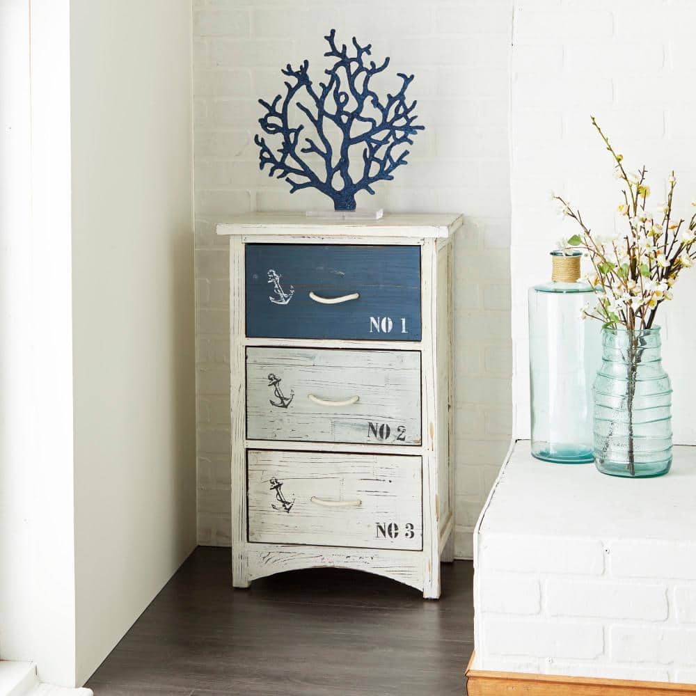 White and Blue Wood Nautical Night Table with Rope Handles
