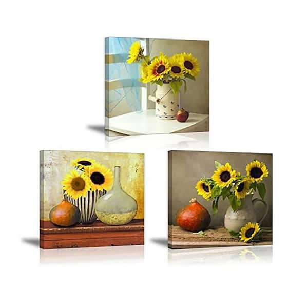 3-Piece 12x12 in. Waterproof Sunflower Canvas Wall Decor for Kitchen, 1 in. Thick Frame, Ready to Hang