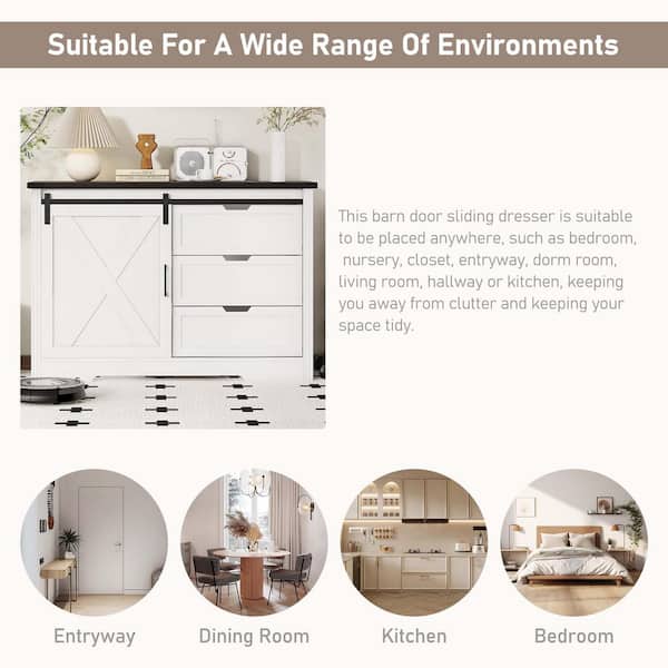 32.5 in. H White MDF Storage Cabinet with 3 Drawers and Sliding Barn Doors Suitable for Living Room, Bedroom