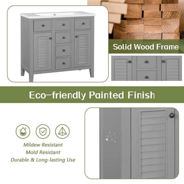 35 in. W x 17.9 in. D x 33.4 in. H Bathroom Vanity in Gray Solid Frame Bathroom Cabinet with Ceramic Basin Top