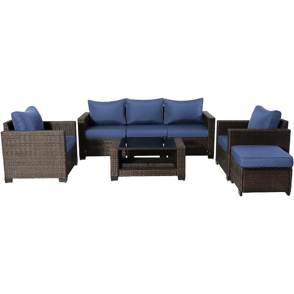 Unbranded Modern 7-Piece Brown Wicker Patio Conversation Seating Set with Dark Blue Cushions and Sloped Back