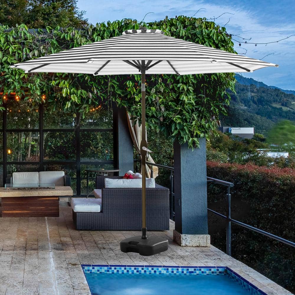Chroma 9 Ft Gray and White Stripe Patio Umbrella with Dark Brown Steel Frame